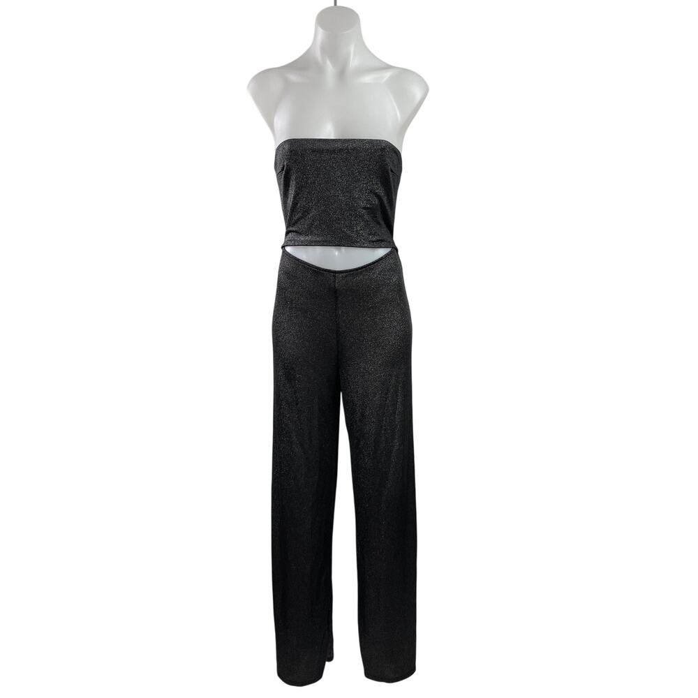Hours Black Metallic Sleeveless Strapless Glitters Flared Leg Romper Jumpsuit S